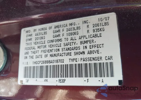 2008 Honda Accord 2.4 Ex-L from USA, damaged, VIN 1HGCP26898A018702
